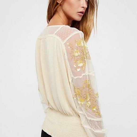 Free People Cream Blouse with Gold Embroidery - Picture 2 of 13